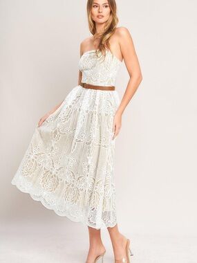 FLYING TOMATO ELEGANT GARDEN WOVEN LACE MIDI DRESS